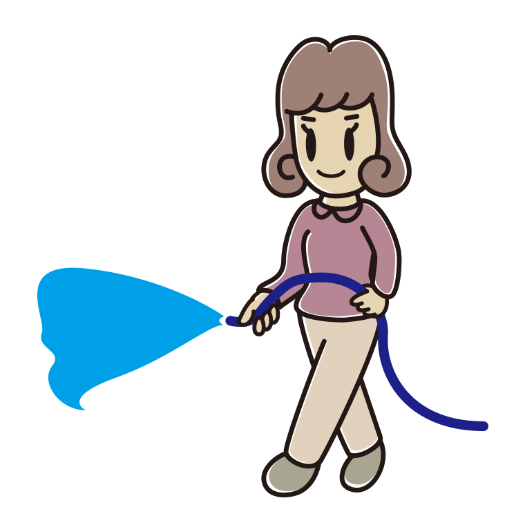 ホースで水をまく女子大学生のイラスト【色あり、背景なし】透過PNG