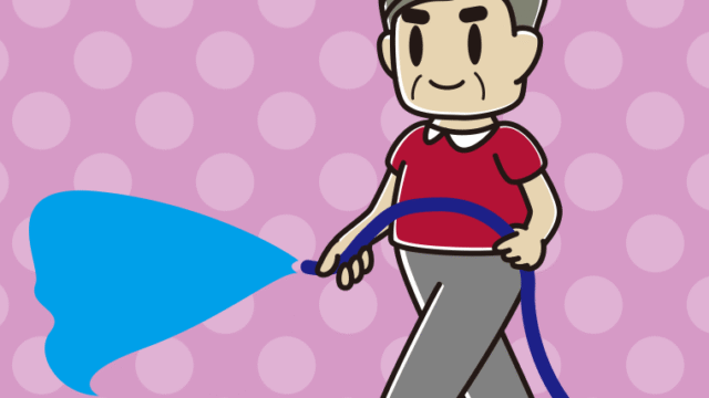 ホースで水をまくおじさんのイラスト【色、背景あり】PNG