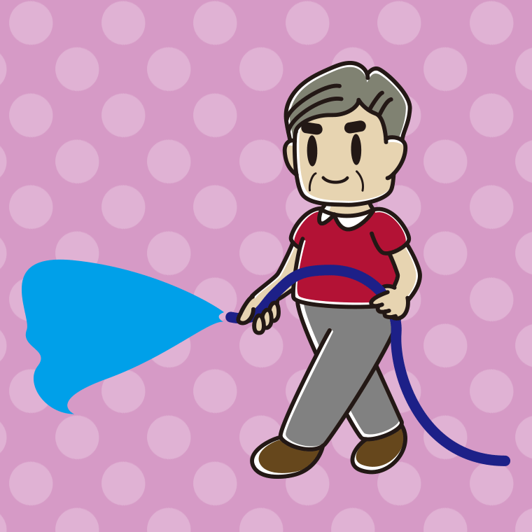 ホースで水をまくおじさんのイラスト【色、背景あり】PNG