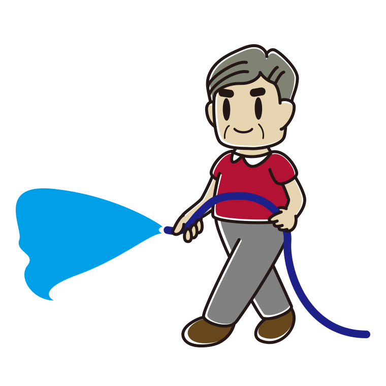 ホースで水をまくおじさんのイラスト【色あり、背景なし】透過PNG