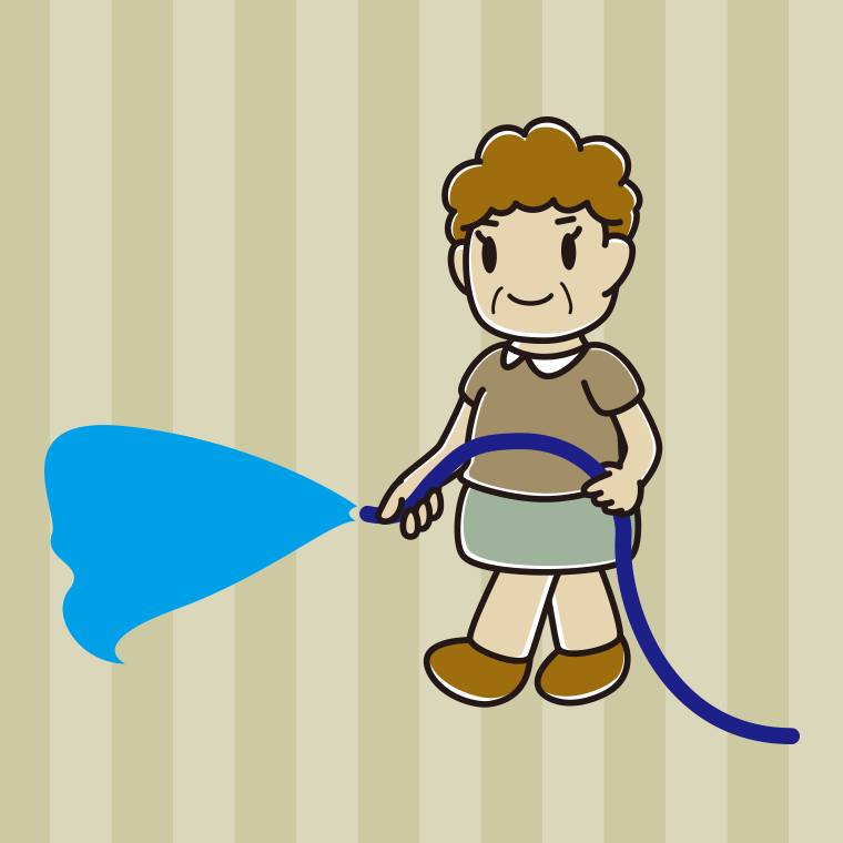 ホースで水をまくおばさんのイラスト【色、背景あり】PNG