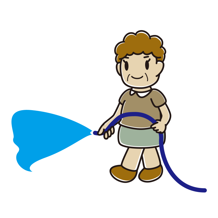 ホースで水をまくおばさんのイラスト【色あり、背景なし】透過PNG