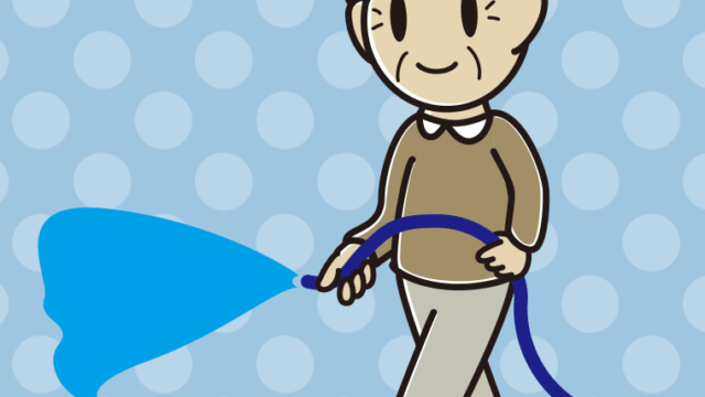 ホースで水をまくおじいさんのイラスト【色、背景あり】PNG