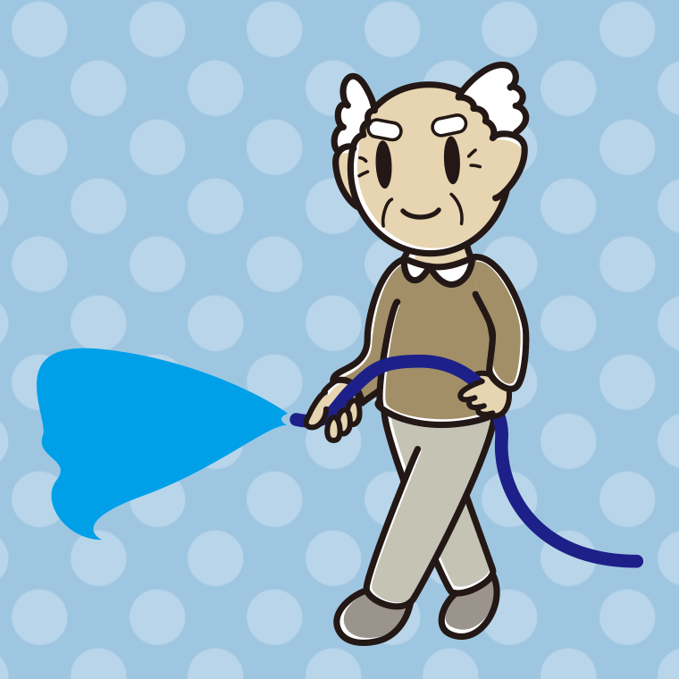 ホースで水をまくおじいさんのイラスト【色、背景あり】PNG