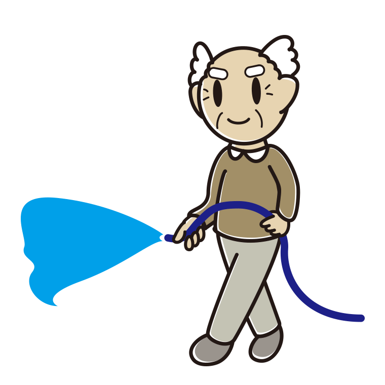 ホースで水をまくおじいさんのイラスト【色あり、背景なし】透過PNG