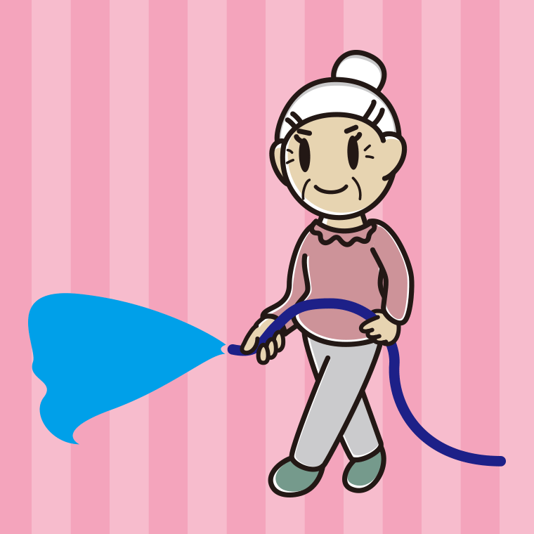 ホースで水をまくおばあさんのイラスト【色、背景あり】PNG