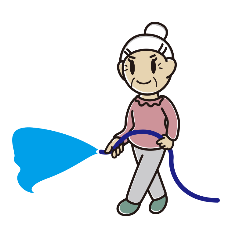 ホースで水をまくおばあさんのイラスト【色あり、背景なし】透過PNG