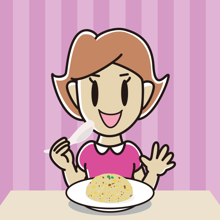 チャーハンを食べる女性のイラスト【色、背景あり】PNG