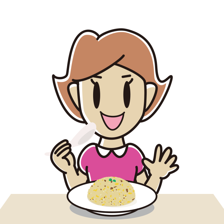 チャーハンを食べる女性のイラスト【色あり、背景なし】透過PNG