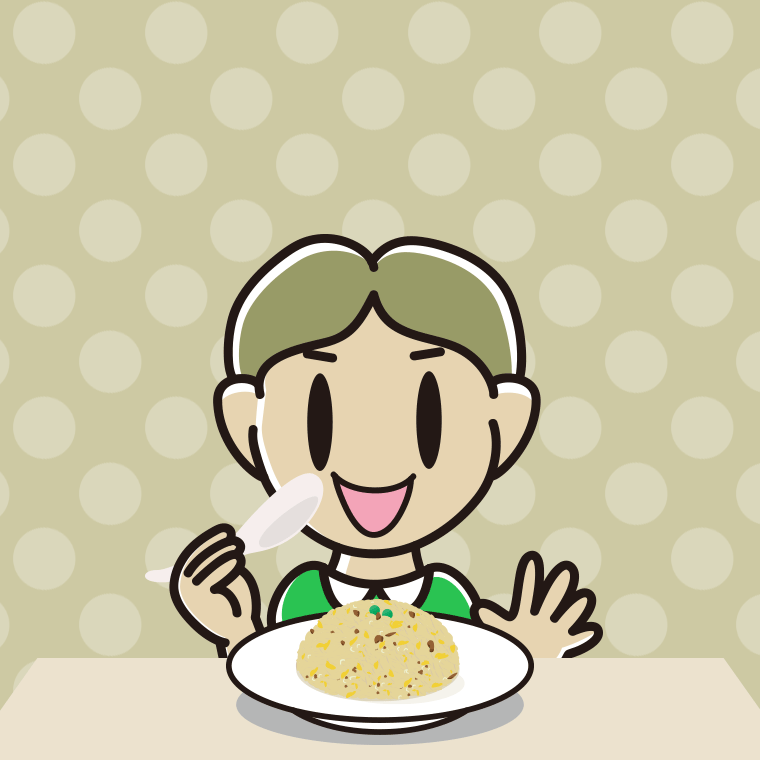 チャーハンを食べる小学生男子のイラスト【色、背景あり】PNG