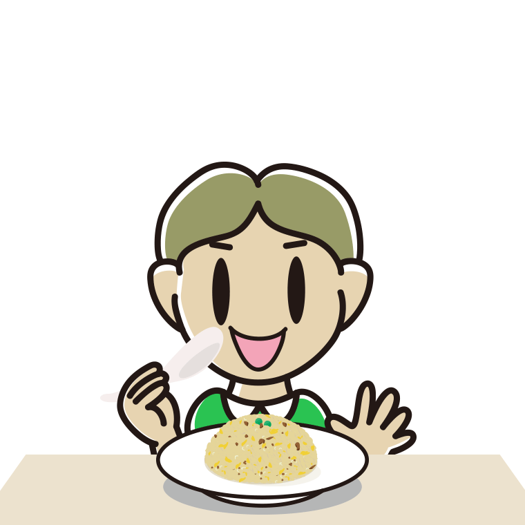 チャーハンを食べる小学生男子のイラスト【色あり、背景なし】透過PNG