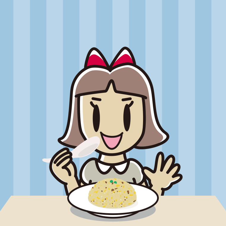 チャーハンを食べる小学生女子のイラスト【色、背景あり】PNG