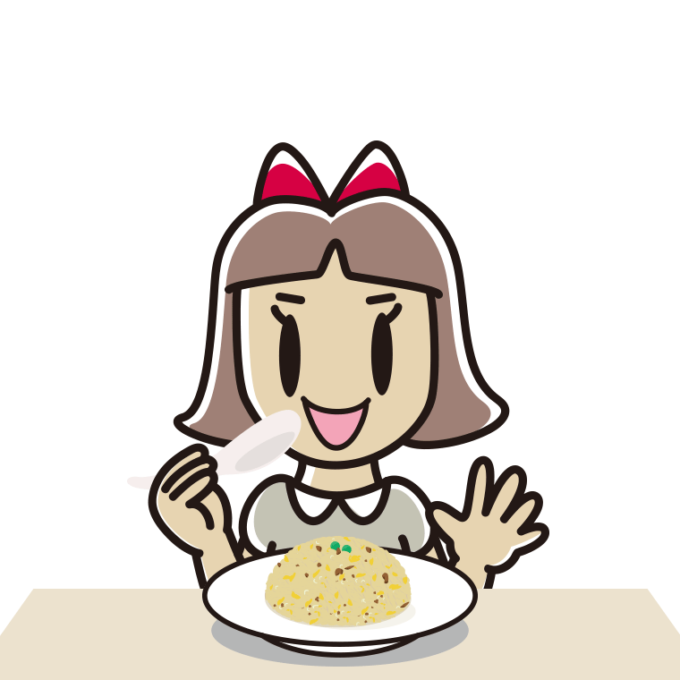 チャーハンを食べる小学生女子のイラスト【色あり、背景なし】透過PNG