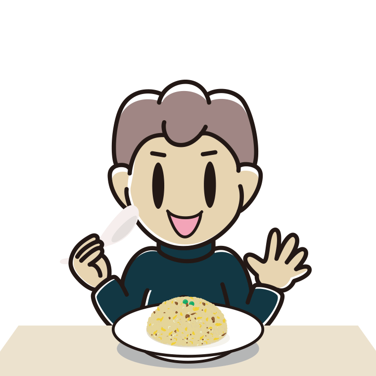 チャーハンを食べる男子中学生のイラスト【色あり、背景なし】透過PNG