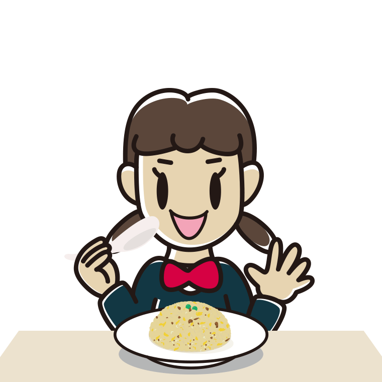 チャーハンを食べる女子中学生のイラスト【色あり、背景なし】透過PNG
