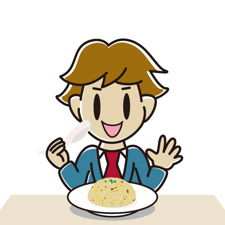 チャーハンを食べる男子高校生のイラスト【色あり、背景なし】透過PNG