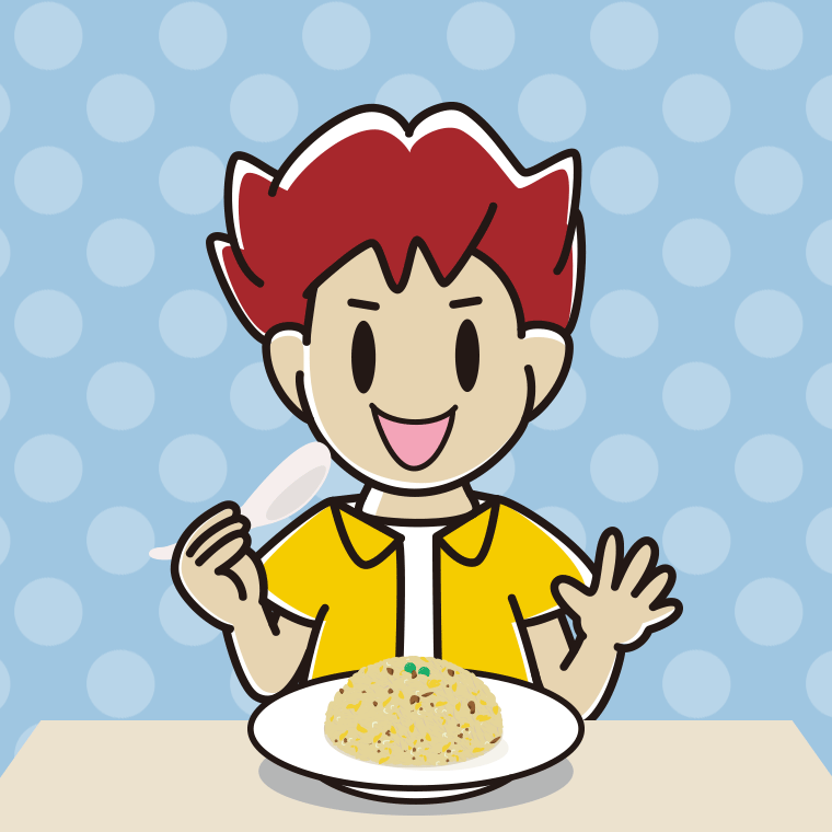 チャーハンを食べる男子大学生のイラスト【色、背景あり】PNG