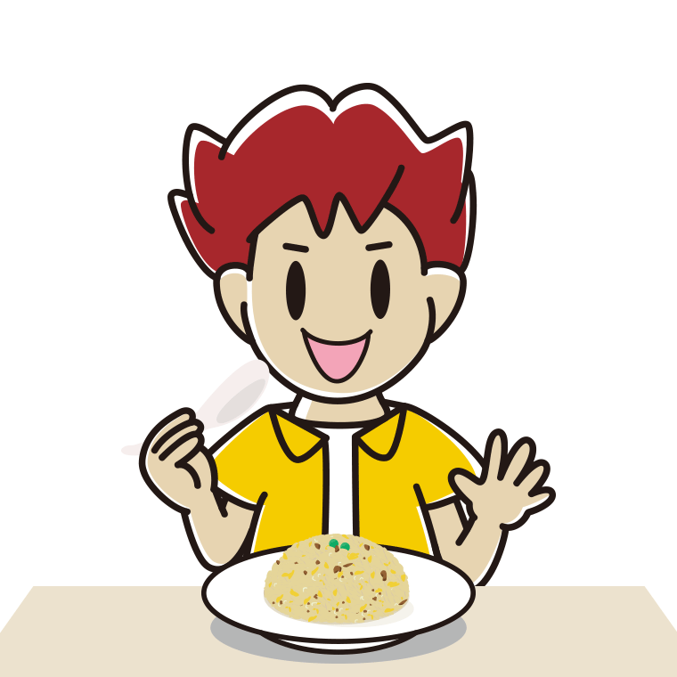 チャーハンを食べる男子大学生のイラスト【色あり、背景なし】透過PNG