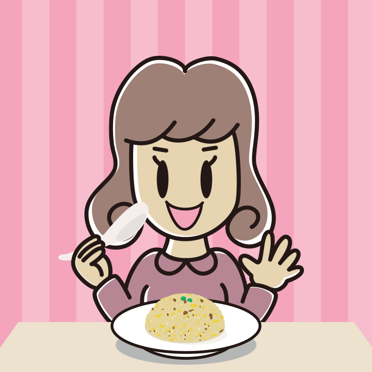 チャーハンを食べる女子大学生のイラスト【色、背景あり】PNG