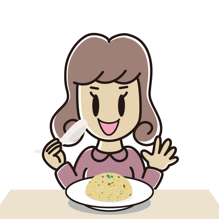 チャーハンを食べる女子大学生のイラスト【色あり、背景なし】透過PNG