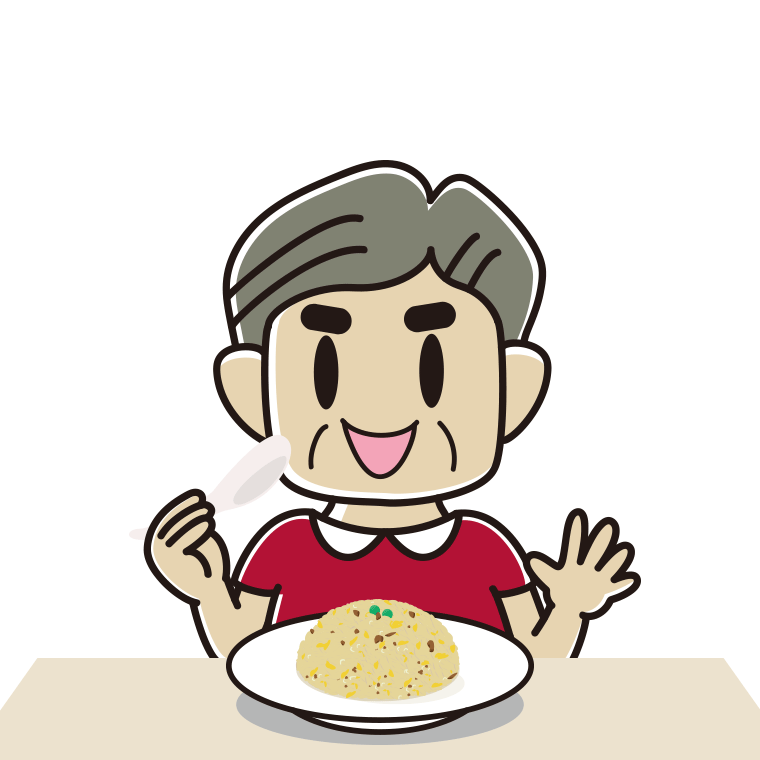チャーハンを食べるおじさんのイラスト【色あり、背景なし】透過PNG