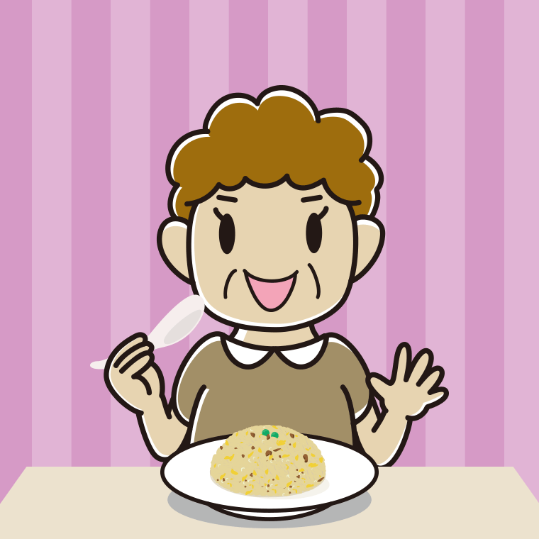チャーハンを食べるおばさんのイラスト【色、背景あり】PNG