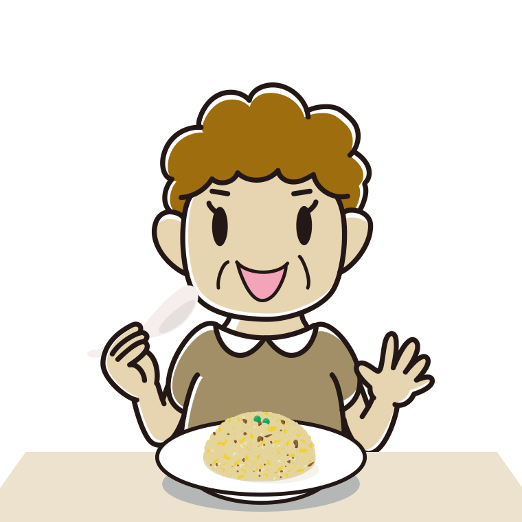 チャーハンを食べるおばさんのイラスト【色あり、背景なし】透過PNG