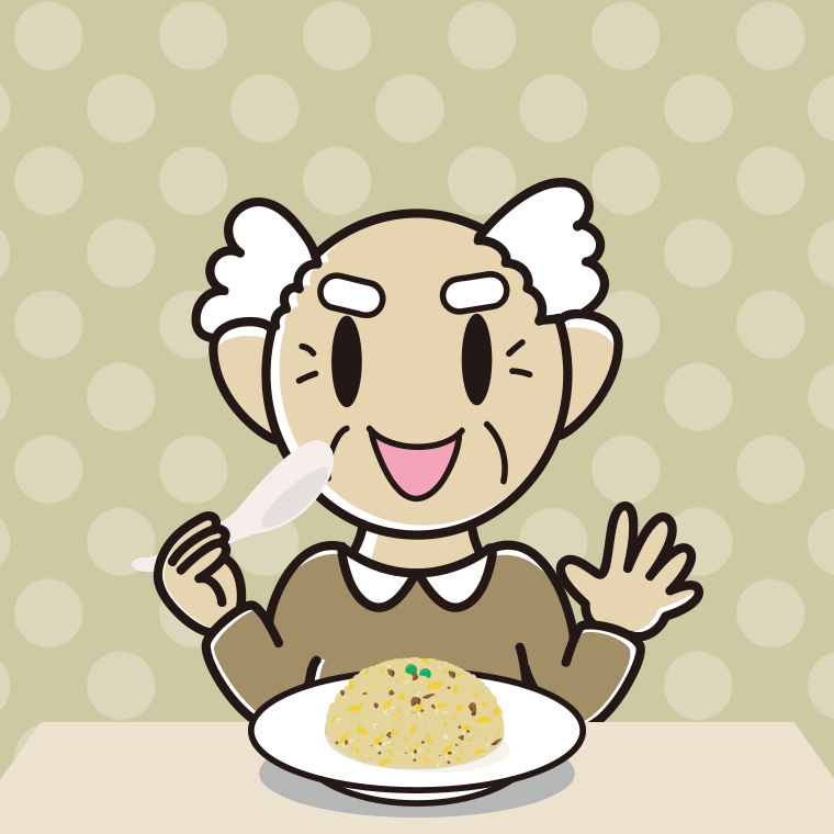 チャーハンを食べるおじいさんのイラスト【色、背景あり】PNG