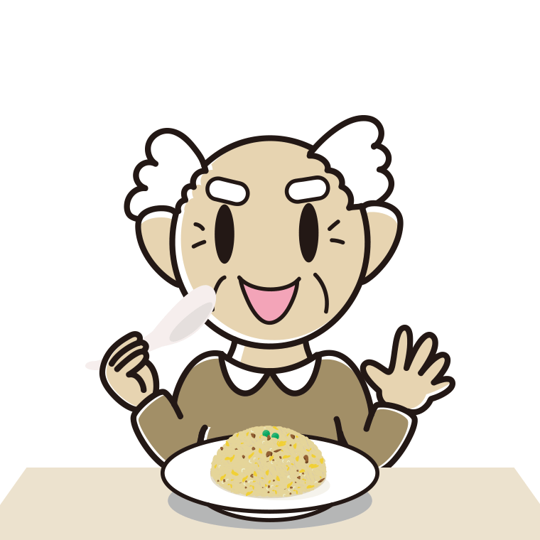 チャーハンを食べるおじいさんのイラスト【色あり、背景なし】透過PNG