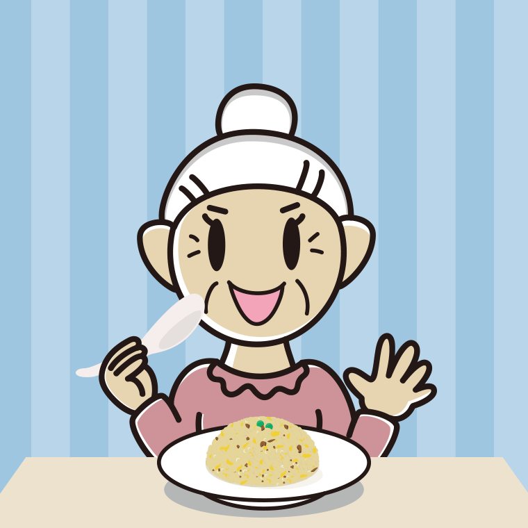 チャーハンを食べるおばあさんのイラスト【色、背景あり】PNG