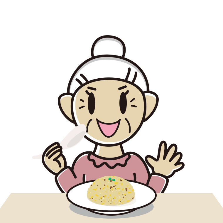 チャーハンを食べるおばあさんのイラスト【色あり、背景なし】透過PNG