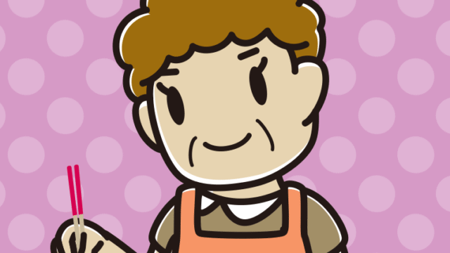 菜箸を使うおばさんのイラスト【色、背景あり】PNG