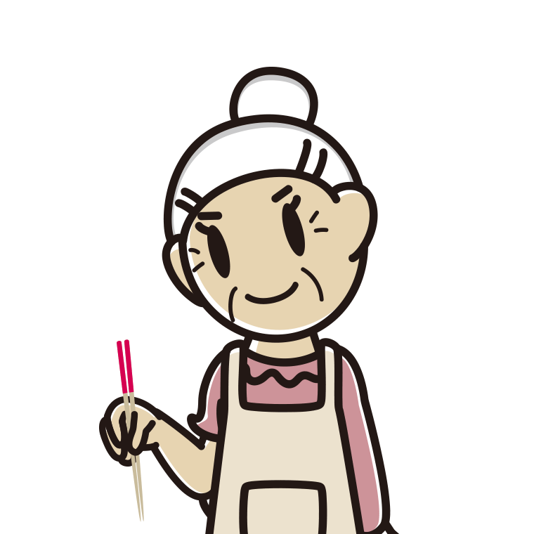 菜箸を使うおばあさんのイラスト【色あり、背景なし】透過PNG