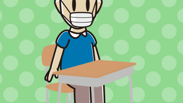 教室の席でマスクをする男性のイラスト【色、背景あり】PNG