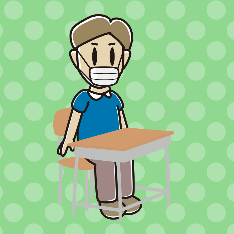 教室の席でマスクをする男性のイラスト【色、背景あり】PNG