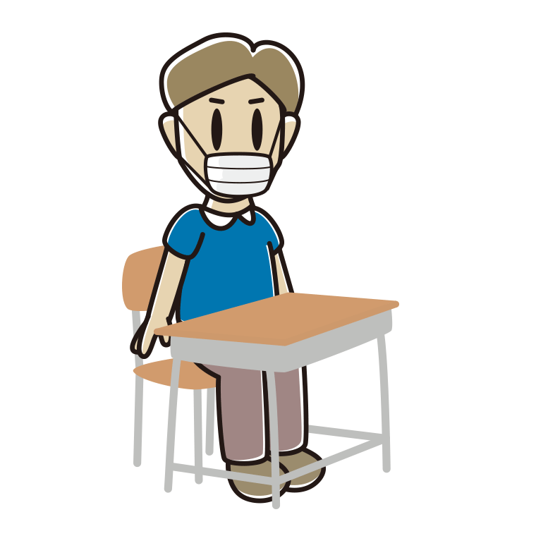 教室の席でマスクをする男性のイラスト【色あり、背景なし】透過PNG