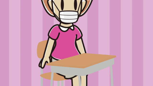 教室の席でマスクをする女性のイラスト【色、背景あり】PNG