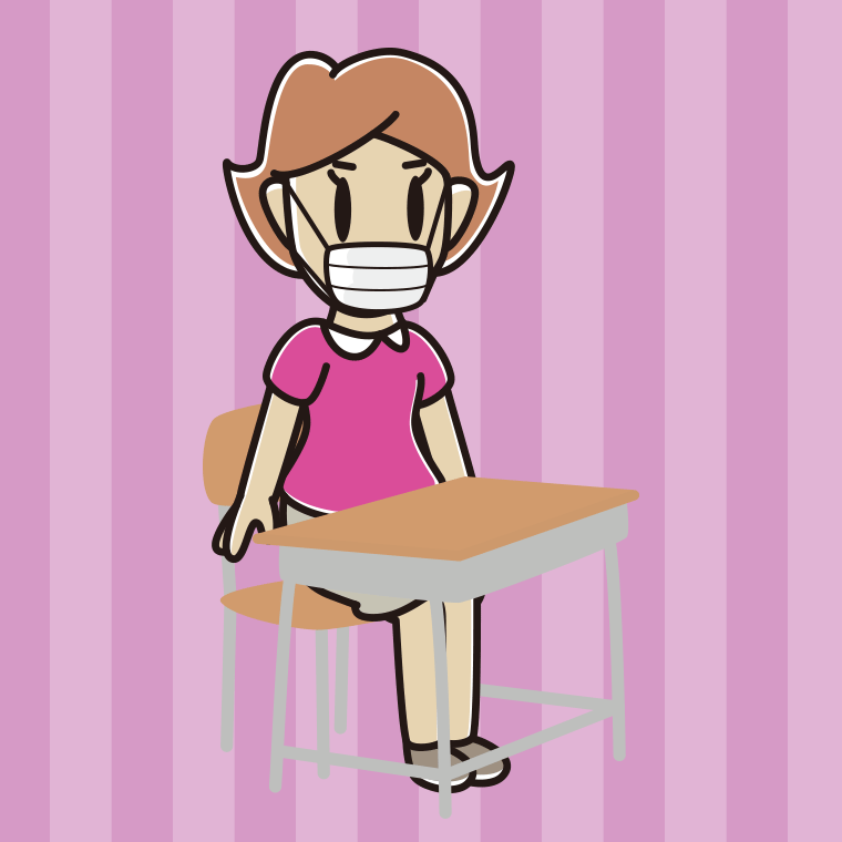 教室の席でマスクをする女性のイラスト【色、背景あり】PNG