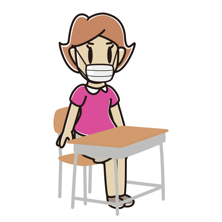 教室の席でマスクをする女性のイラスト【色あり、背景なし】透過PNG