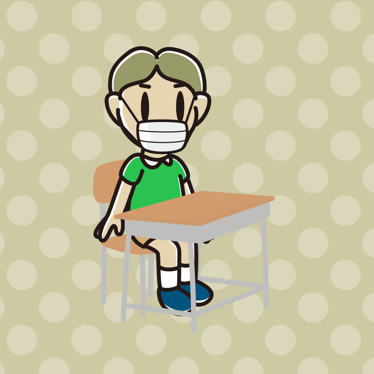 教室の席でマスクをする小学生男子のイラスト【色、背景あり】PNG