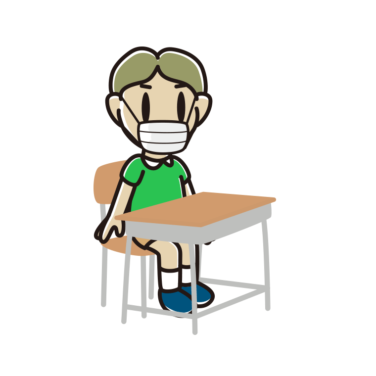 教室の席でマスクをする小学生男子のイラスト【色あり、背景なし】透過PNG