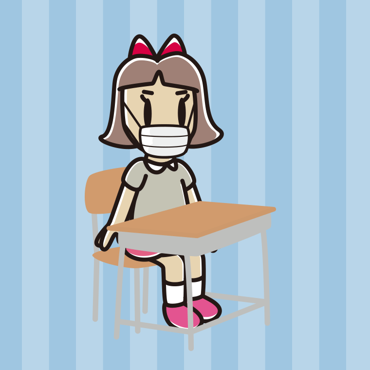 教室の席でマスクをする小学生女子のイラスト【色、背景あり】PNG