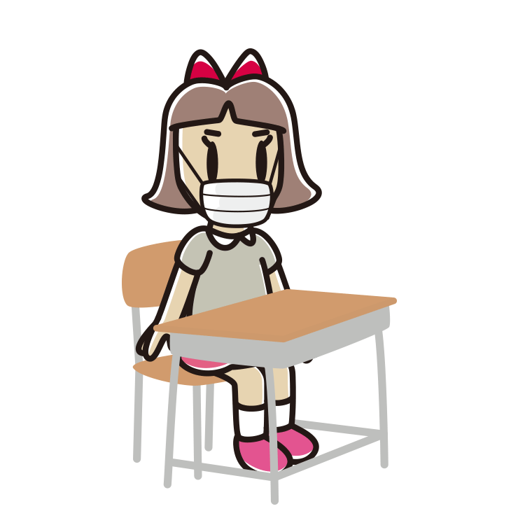 教室の席でマスクをする小学生女子のイラスト【色あり、背景なし】透過PNG