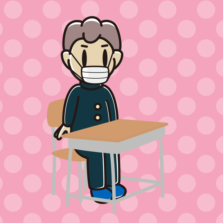 教室の席でマスクをする男子中学生のイラスト【色、背景あり】PNG