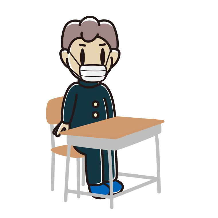 教室の席でマスクをする男子中学生のイラスト【色あり、背景なし】透過PNG
