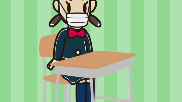 教室の席でマスクをする女子中学生のイラスト【色、背景あり】PNG