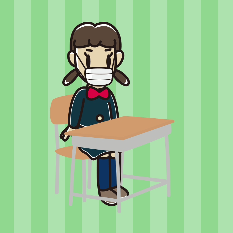 教室の席でマスクをする女子中学生のイラスト【色、背景あり】PNG