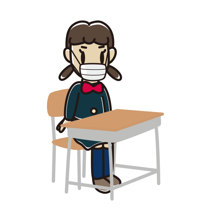 教室の席でマスクをする女子中学生のイラスト【色あり、背景なし】透過PNG