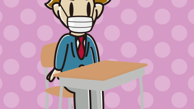 教室の席でマスクをする男子高校生のイラスト【色、背景あり】PNG