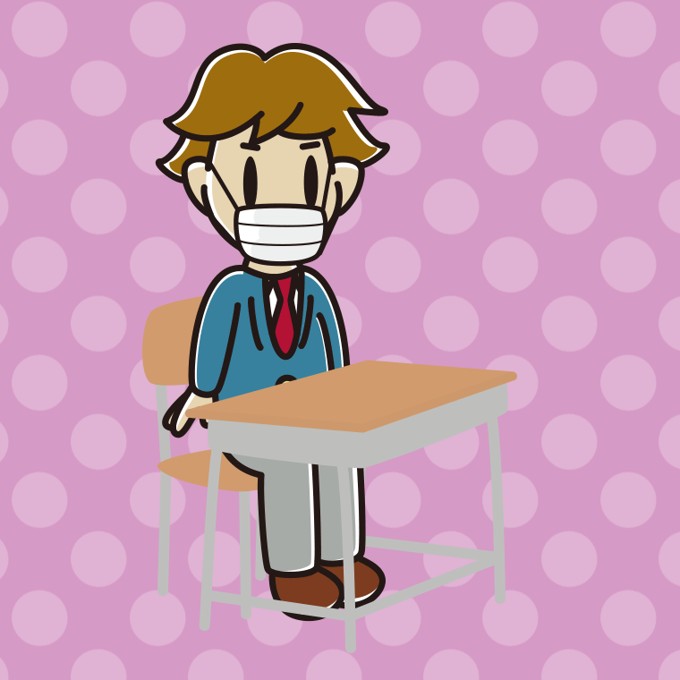 教室の席でマスクをする男子高校生のイラスト【色、背景あり】PNG